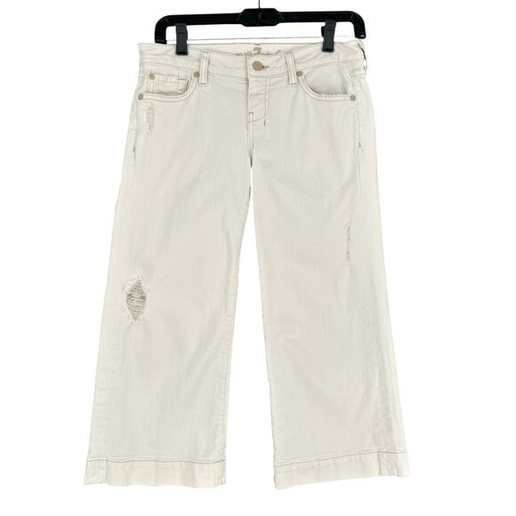 7 For All Mankind Dojo Ivory Light Wash Distressed Cropped Jeans Size 26‎ - Picture 1 of 8